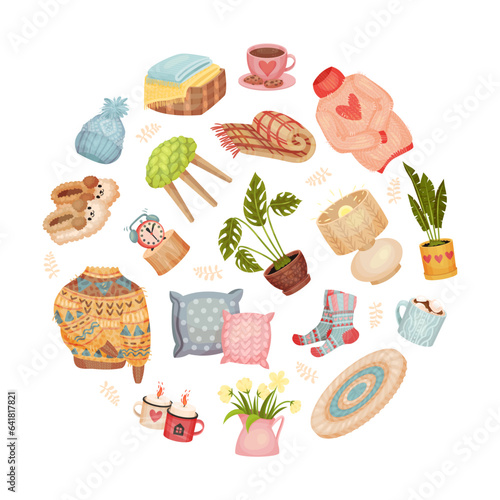 Comfort and Hygge Autumn Round Composition Design Vector Template