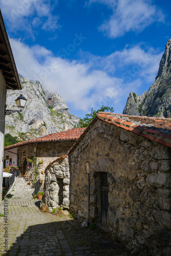 Overview on the houses of the Bulnes village in the Picos de Europa National park in Spain