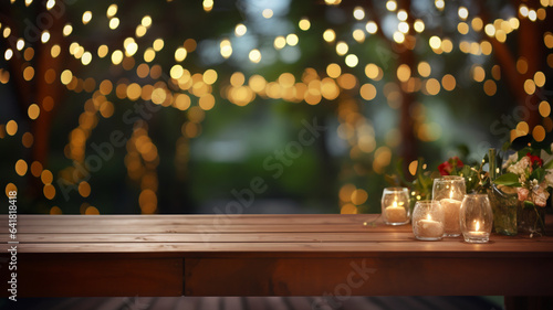 Beautiful empty wooden rustic table or product, beverage, food placement display with blurred natural background. 