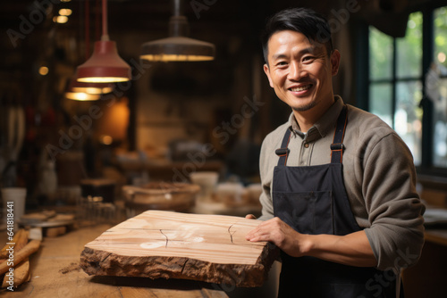 smiling wood craftsman holding a piece of wood