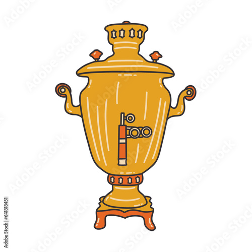 Russian gold samovar for boiling water and tea drinking. Ancient traditional Russian culture. Colorful vector isolated illustration hand drawn doodle with contour