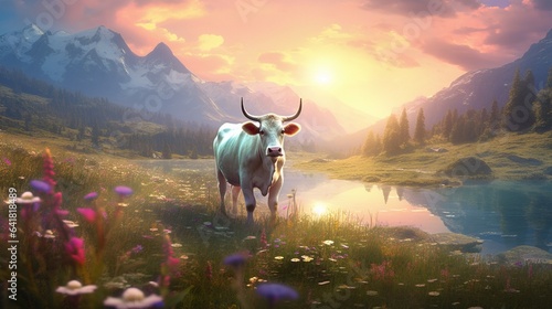 Illustration of a cow in a magical landscape.Generative AI