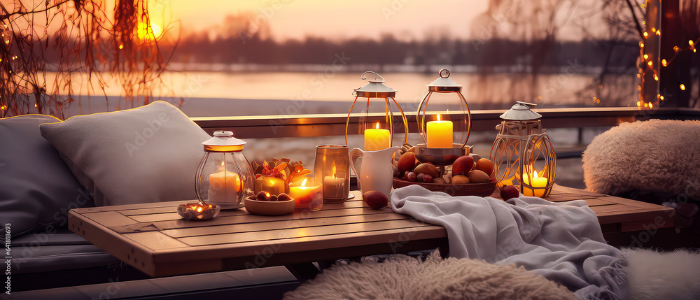 Cozy romantic composition with served dinner table,backyard furniture, candles, lantern, garland. Evening winter patio. Christmas, New Years holidays. Outdoors vacation. Exterior Design.Generative ai Cozy romantic composition with served dinner table,backyard furniture, candles, lantern, garland. Evening winter patio. Christmas, New Years holidays. Outdoors vacation. Exterior Design.Generative ai