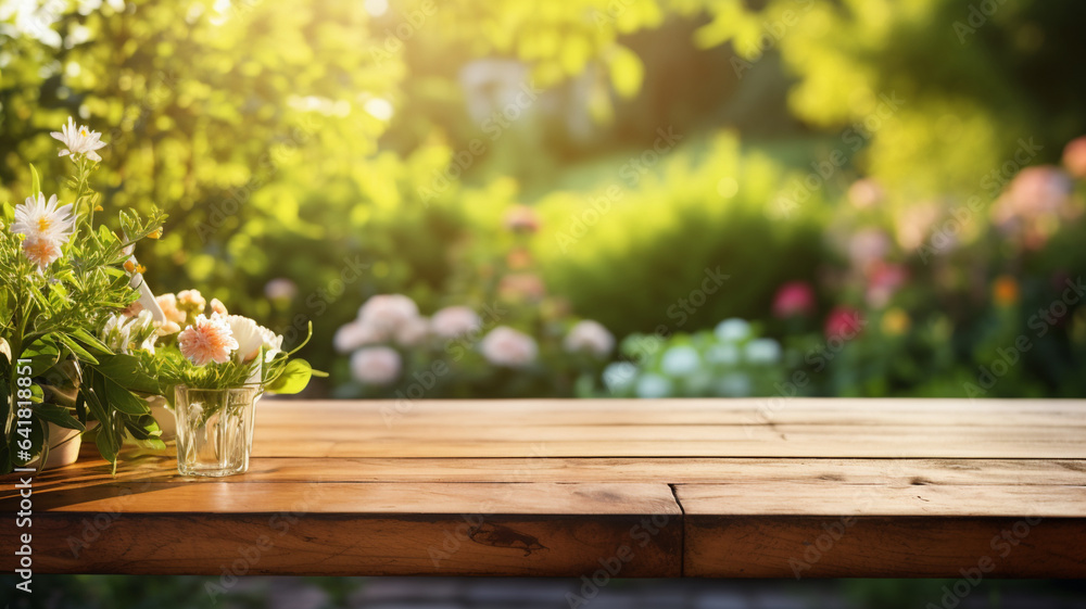 Beautiful empty wooden rustic table or product, beverage, food placement display with blurred natural background garden cottage core