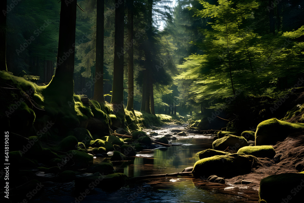 Obraz premium Ein wunderschöner, grüner Waldweg mit Sonnenstrahlen