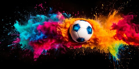 football in explosion of colored neon powder isolated on black background | Generative AI