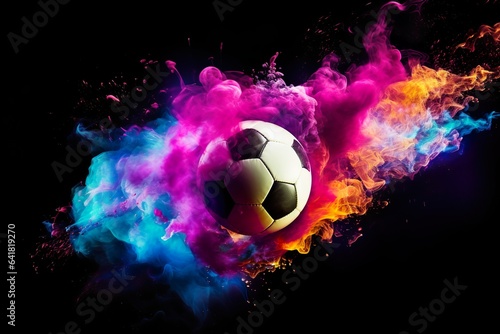 football in explosion of colored neon powder isolated on black background   Generative AI