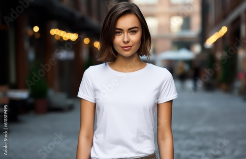 White t-shirt on a young woman, outdoors background, with copy space. mockup