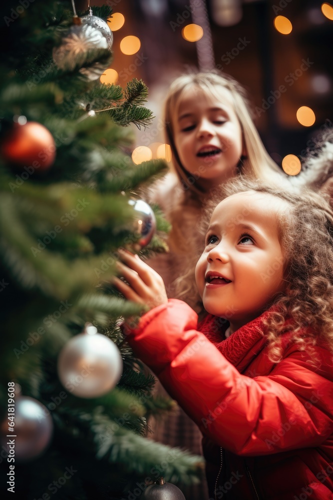 Group of children decorating Christmas tree. Generative AI Group of children decorating Christmas tree. Generative AI
