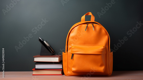 backpack with school bag and books on table