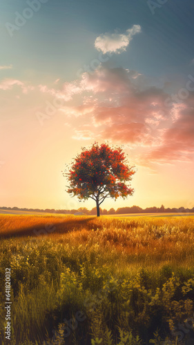 A Serene Sunset over a Golden Field with a Majestic Oak Tree,lone tree in sunset