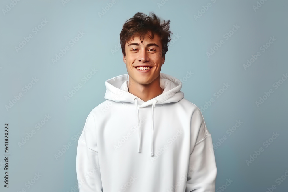 White pullover on a young man posing on a solid color background. mockup White pullover on a young man posing on a solid color background. mockup