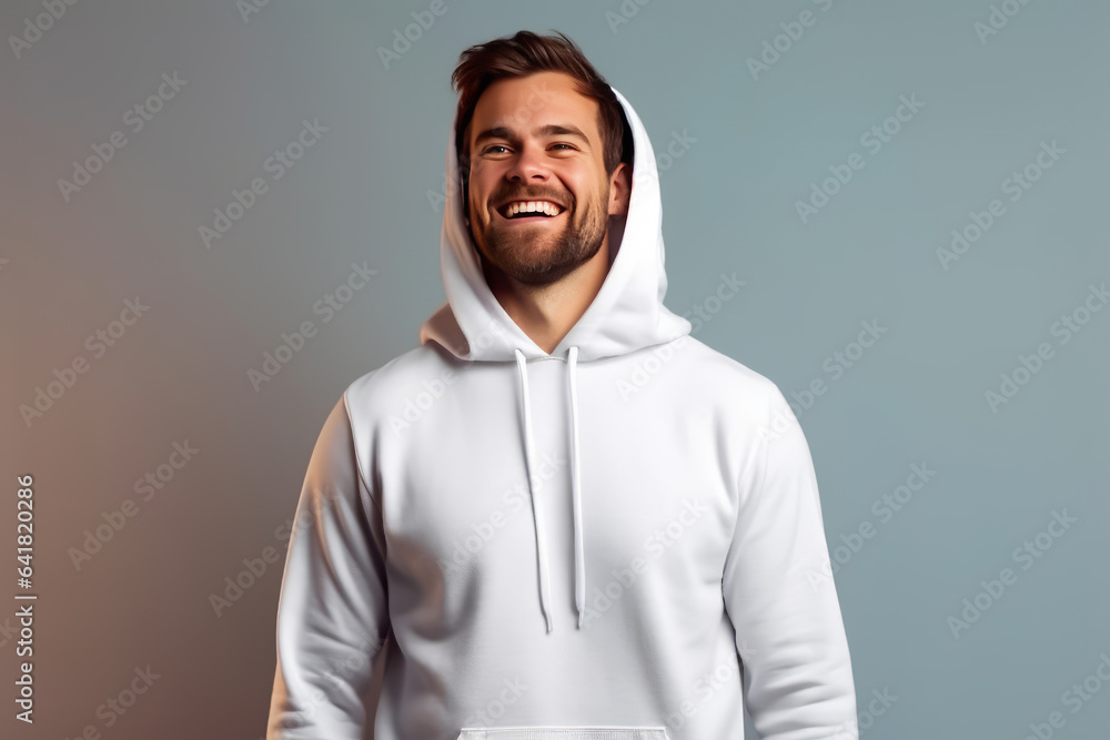 Fototapeta premium White pullover on a young man posing on a solid color background. mockup
