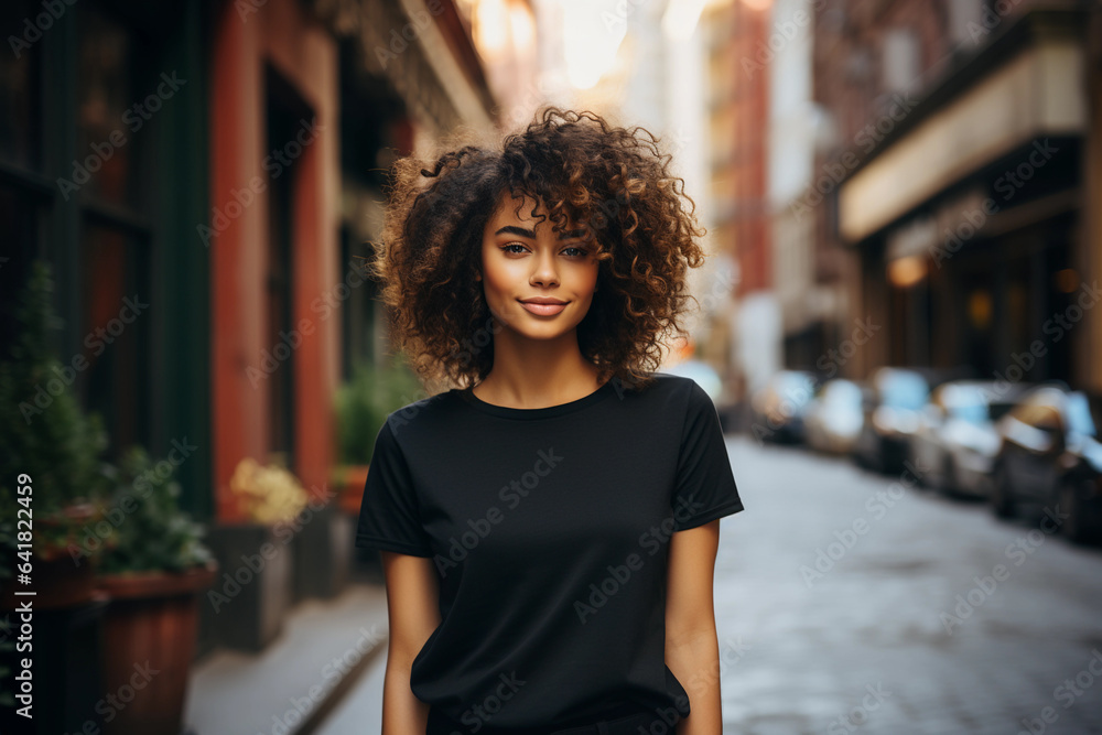 African American women with curly hair smiling and wearing black outfit. T-shirt template, print presentation mockup. Blurred city background.