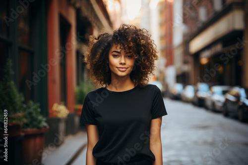 African American women with curly hair smiling and wearing black outfit. T-shirt template, print presentation mockup. Blurred city background.