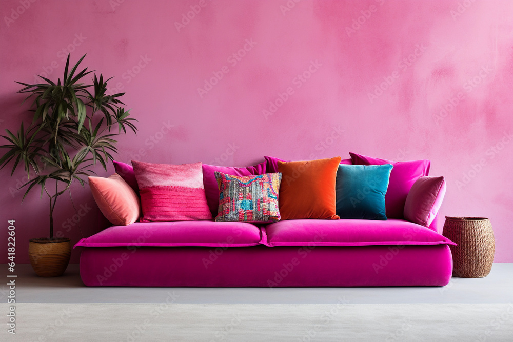 Pink sofa with colorful eclectic pillows near a textured wall. Modern interior for mockup, wall art. Promotion background with copyspace.