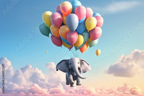 Enter a world of fantasy and adventure with this surreal and whimsical scene of an elephant floating with balloons in the sky. This joyful and imaginative picture is AI Generative.