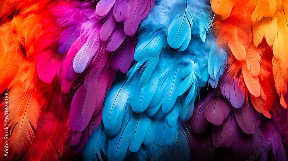 Vibrant feather boas coiled and spread, creating a soft and colorful texture - obrazy, fototapety, plakaty 