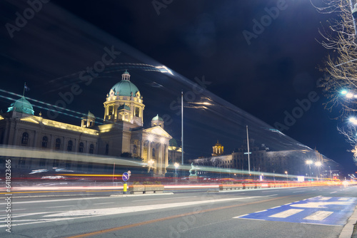 House of the National Assembly of the Republic of Serbia captured with long exposure in night time photo