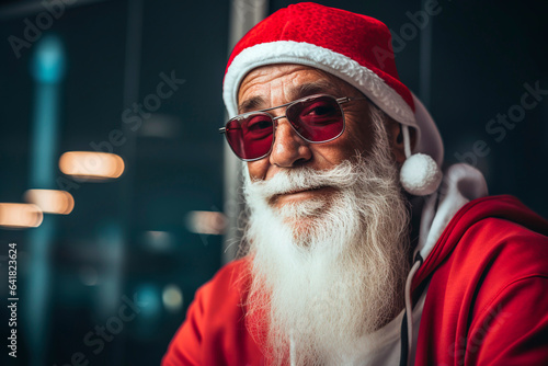 Generative AI illustration of portrait of modern elderly Santa Claus with sunglasses and long white beard smiling while looking at camera against blurred windows photo