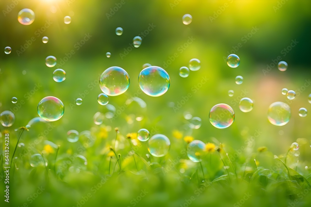 Soap bubbles on beautiful spring green background