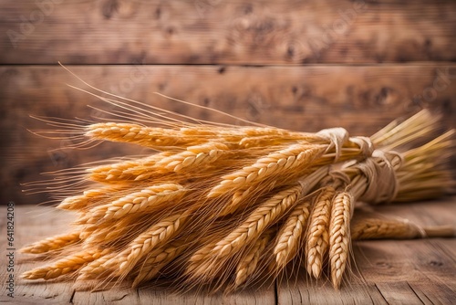Bundles of tied wheat on wooden surface © Mahrowou