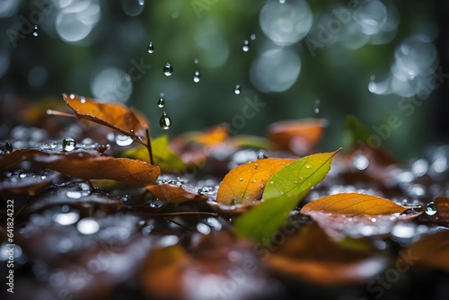 Raindrops falling on leaves on the ground © Mahrowou