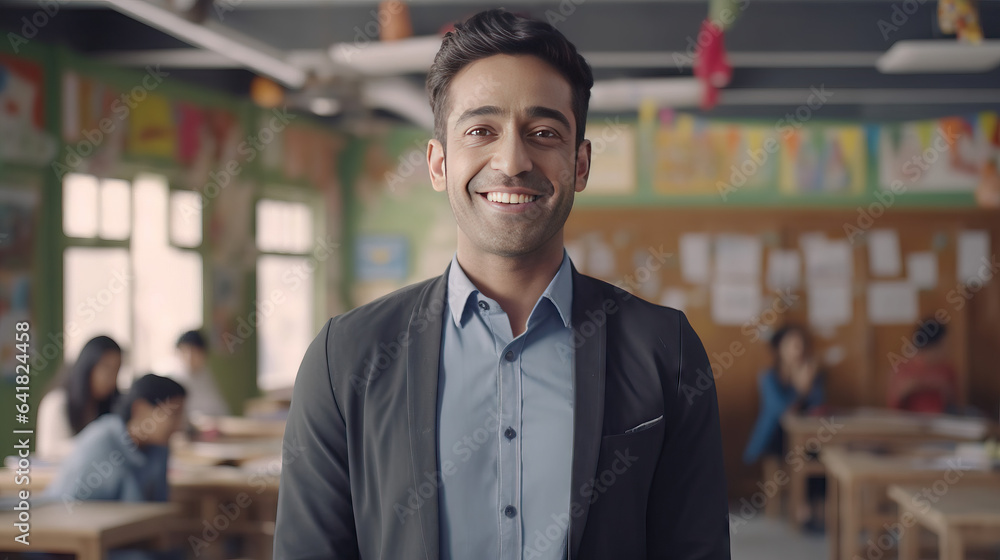 Fototapeta premium young pakistani teacher smiling in fore-ground beautiful