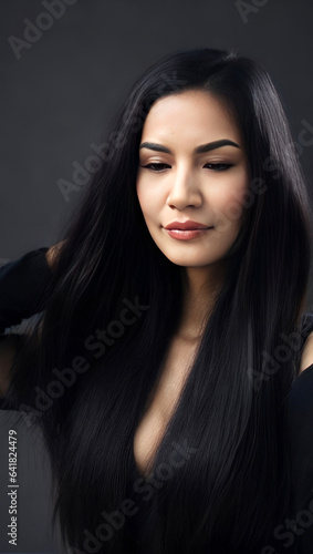 Asian woman with healthy shiny black hair with studio backdrop Lap space for advertising media.Generative AI