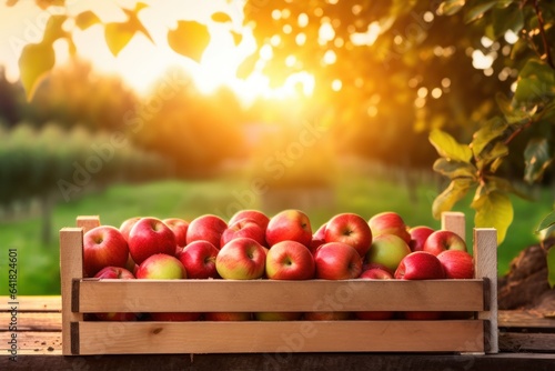 Apples In Wooden Crate On Table At Sunset