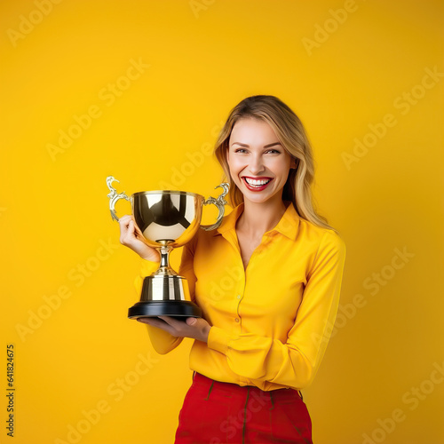 The winner is a teacher with a golden cup. victory in the competition, joyful person, yellow uniform background