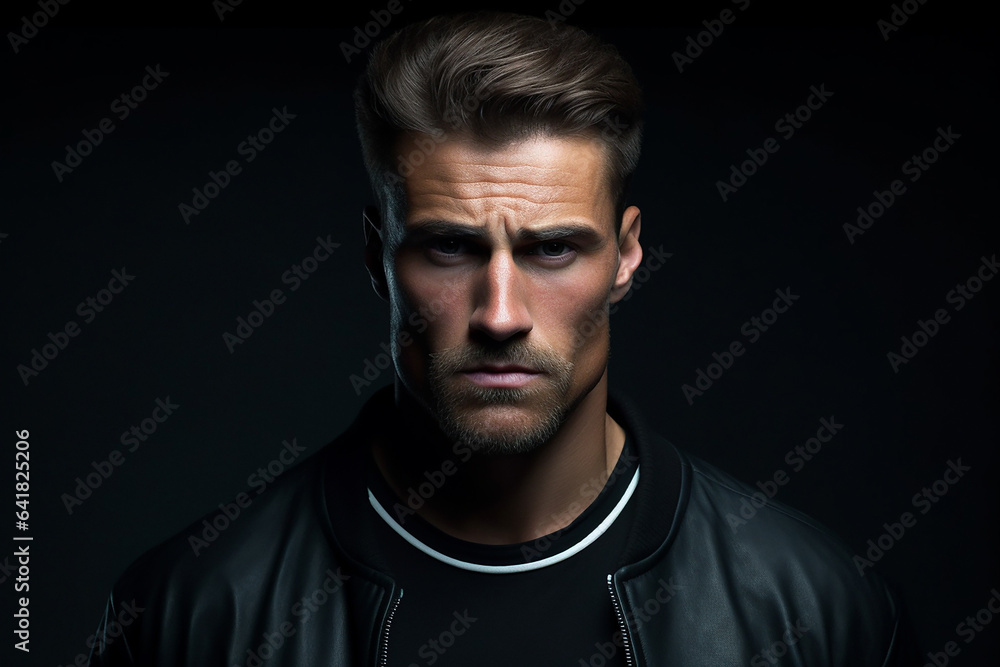 AI Generative brutal man on a dark background in a leather jacket, looking at the camera AI Generative brutal man on a dark background in a leather jacket, looking at the camera