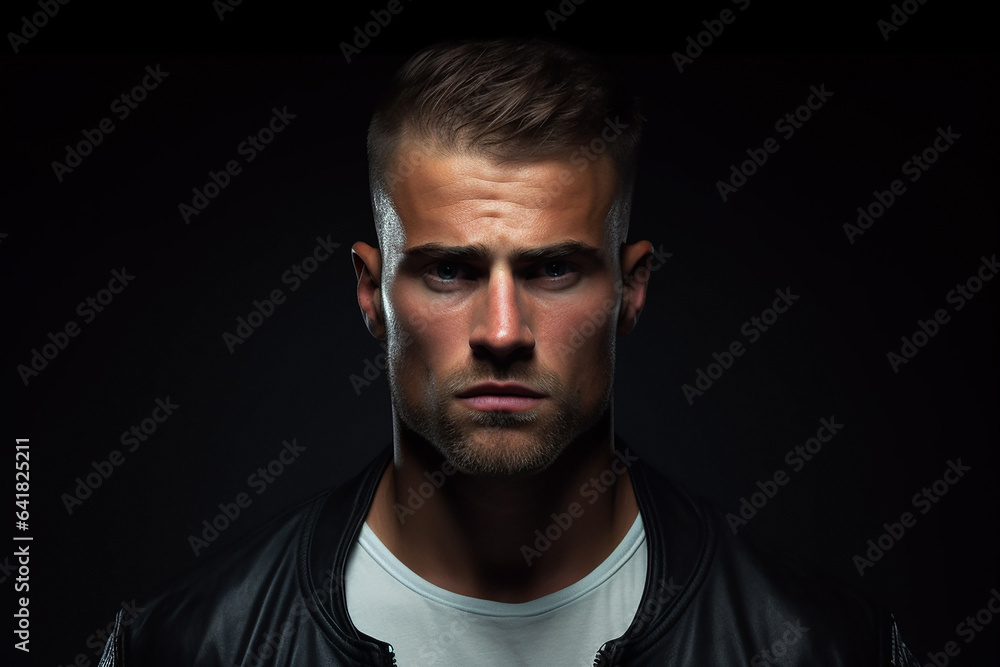 AI Generative brutal man on a dark background in a leather jacket, looking at the camera