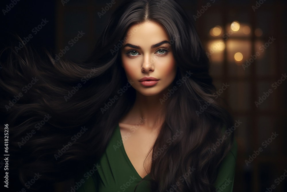 ai generative, beautiful girl looks at the camera with long dark developing hair, on a dark background ai generative, beautiful girl looks at the camera with long dark developing hair, on a dark background