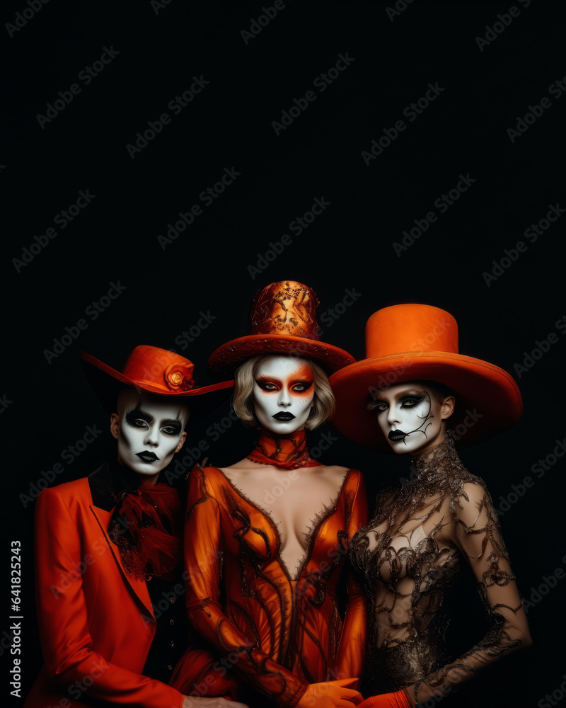 Three models with face paint, orange hats and costumes on black background. Halloween party concept.