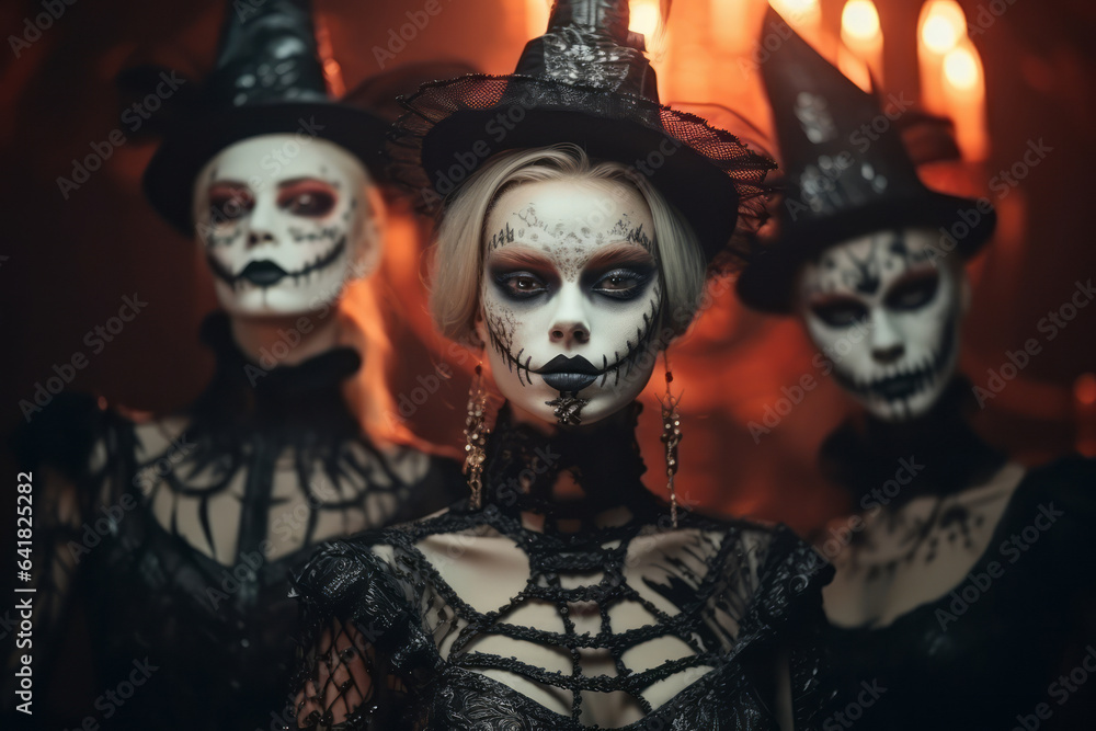Portrait of three models with face paint, black hats and costumes in a dark light. Halloween party concept. Portrait of three models with face paint, black hats and costumes in a dark light. Halloween party concept.