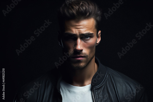 AI Generative brutal man on a dark background in a leather jacket, looking at the camera