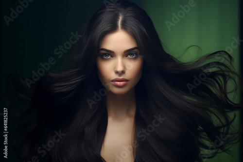 ai generative, beautiful girl looks at the camera with long dark developing hair, on a dark background