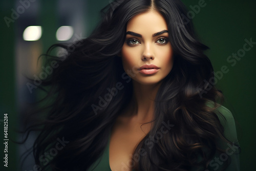 ai generative, beautiful girl looks at the camera with long dark developing hair, on a dark background