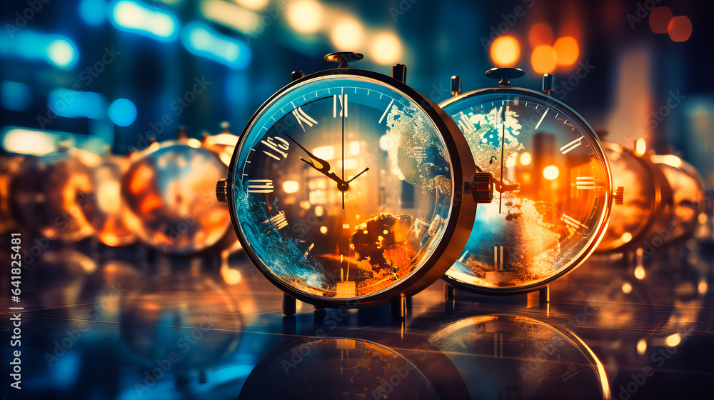 Multiple clocks set to different global time zones, highlighting international business hours - obrazy, fototapety, plakaty 