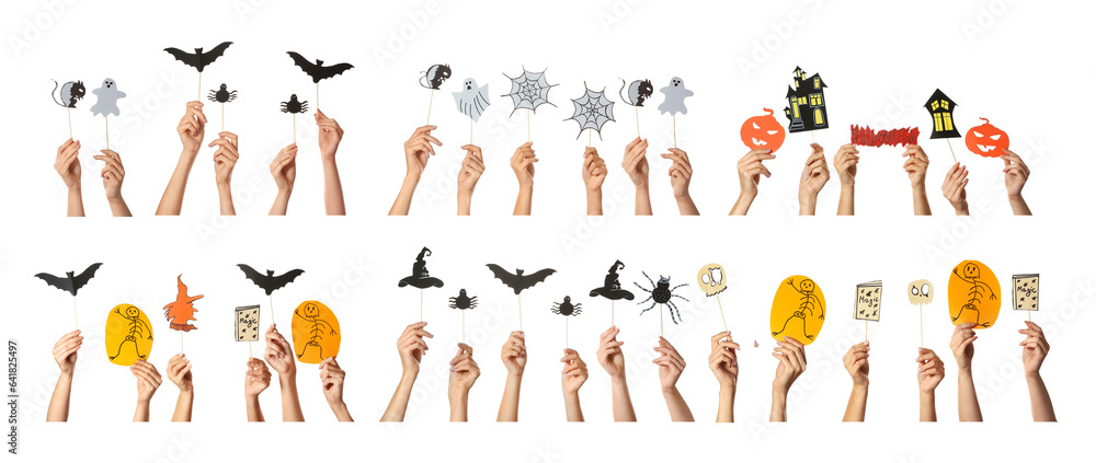 Collage of many hands with Halloween decor on white background