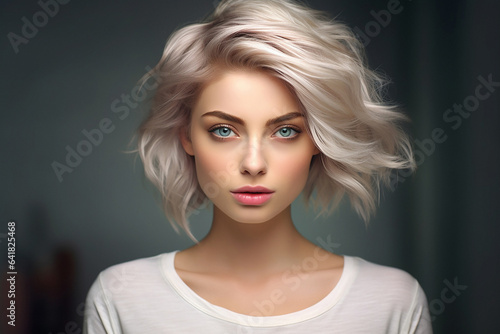 AI Generative, beautiful girl looks at the camera with developing hair, on a dark background