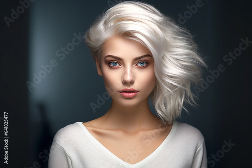 AI Generative, beautiful girl looks at the camera with developing hair, on a dark background