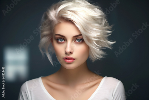 AI Generative, beautiful girl looks at the camera with developing hair, on a dark background