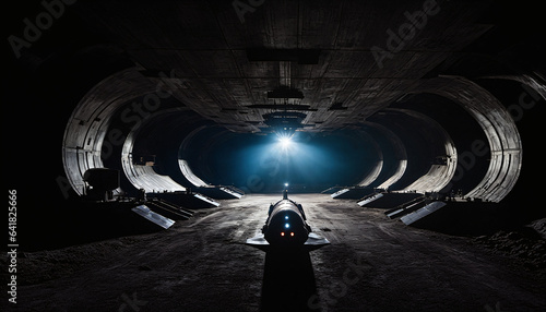 wide angle photo of underground military base with flying space ship and blue light, generative AI