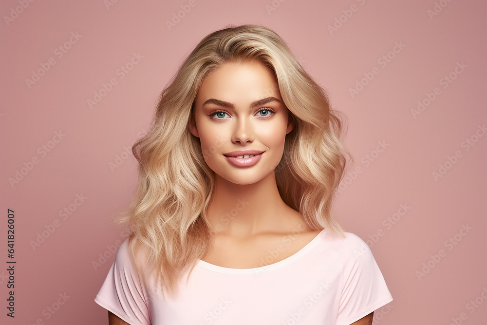 ai generative, smiling blonde girl on pink background ai generative, smiling blonde girl on pink background