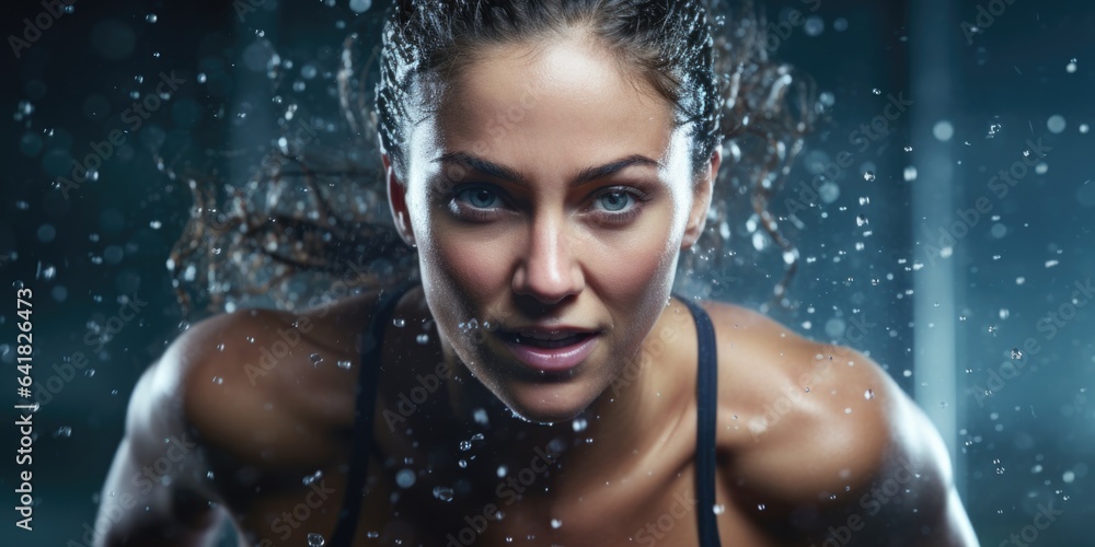 Beautiful healthy young sportswoman running under the rain over with one light behind her. Sporty fitness girl is celebrating her athletic accomplishments, generative ai