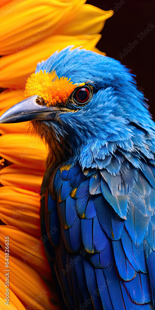 Obraz premium Blue Bird with Orange Crest Amidst Sunflowers,bird on a branch