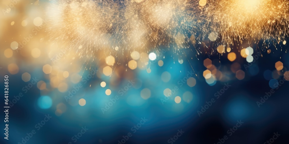Abstract background new year, cheering crowd and blue and gold fireworks and celebrating holiday, copy space, generative ai - obrazy, fototapety, plakaty 
