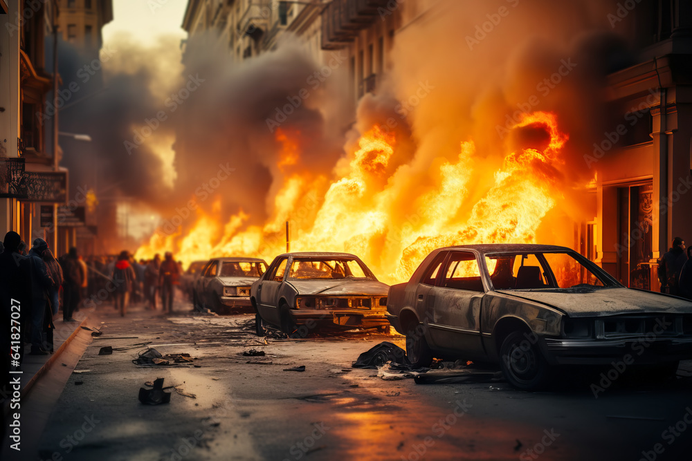 Pogroms and riots in night city. Broken cars on fire